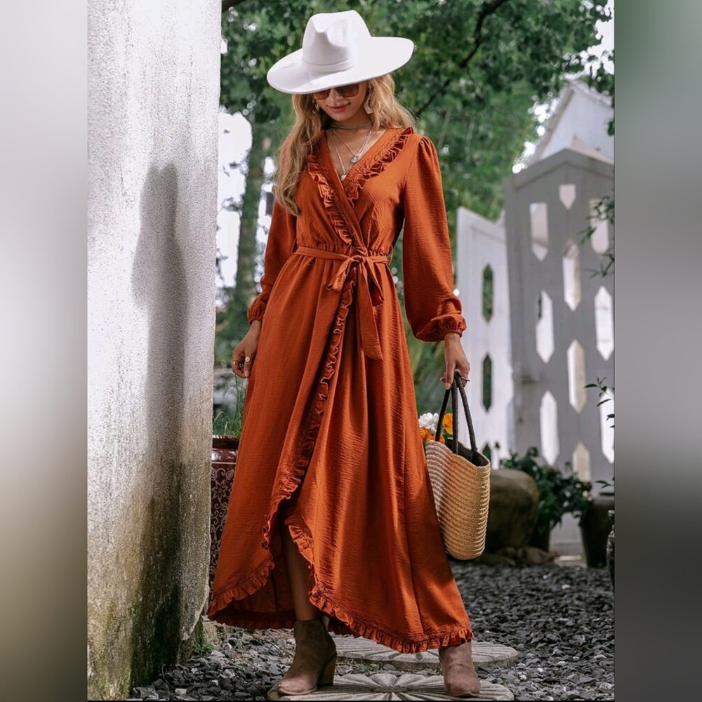 NWT Simplee Burnt Orange Ruffle Trim Dress, size Large